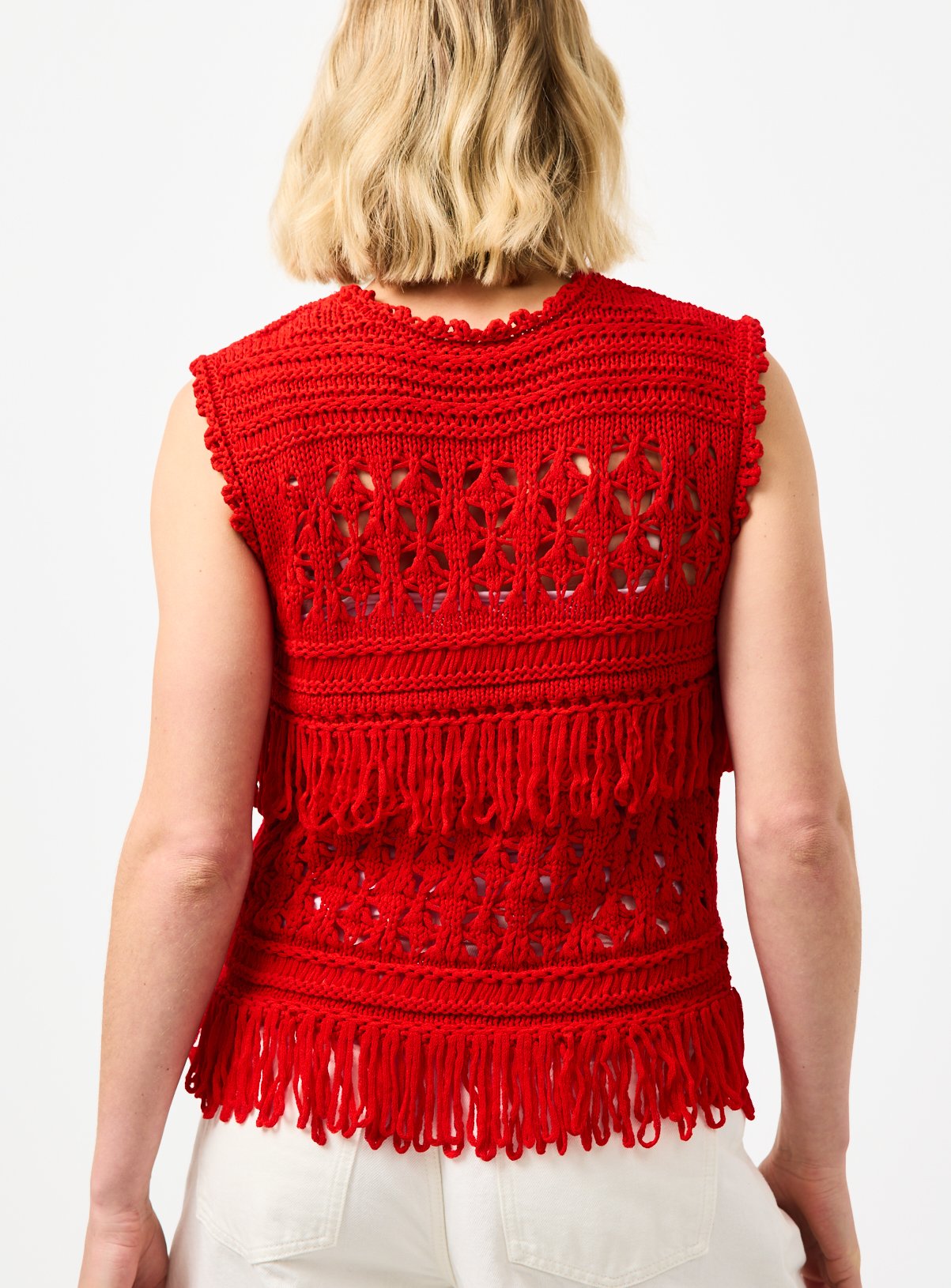 Red Loopy Fringe Knitted Tank Top L - Image 4 thumbnail